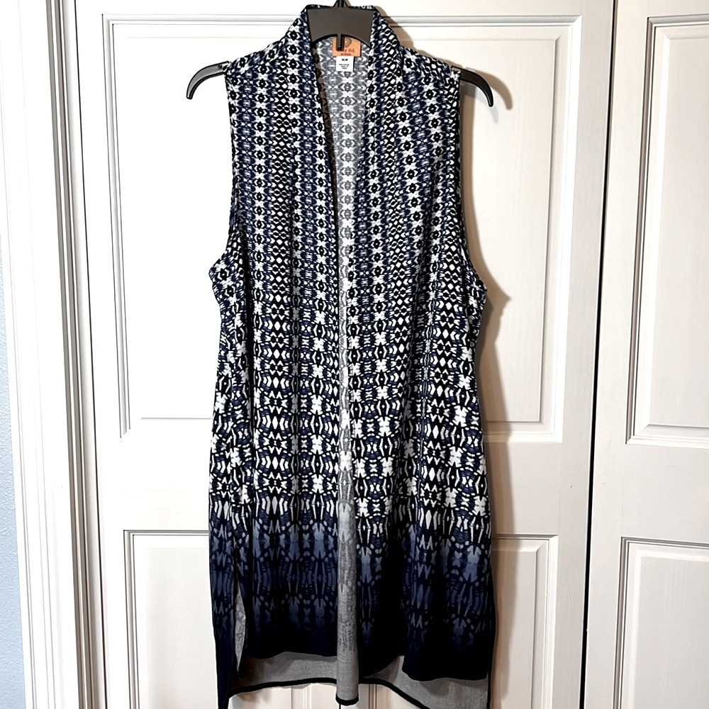Ruby Road BOHO long vest / duster blue and white ethnic print, Women's 16W